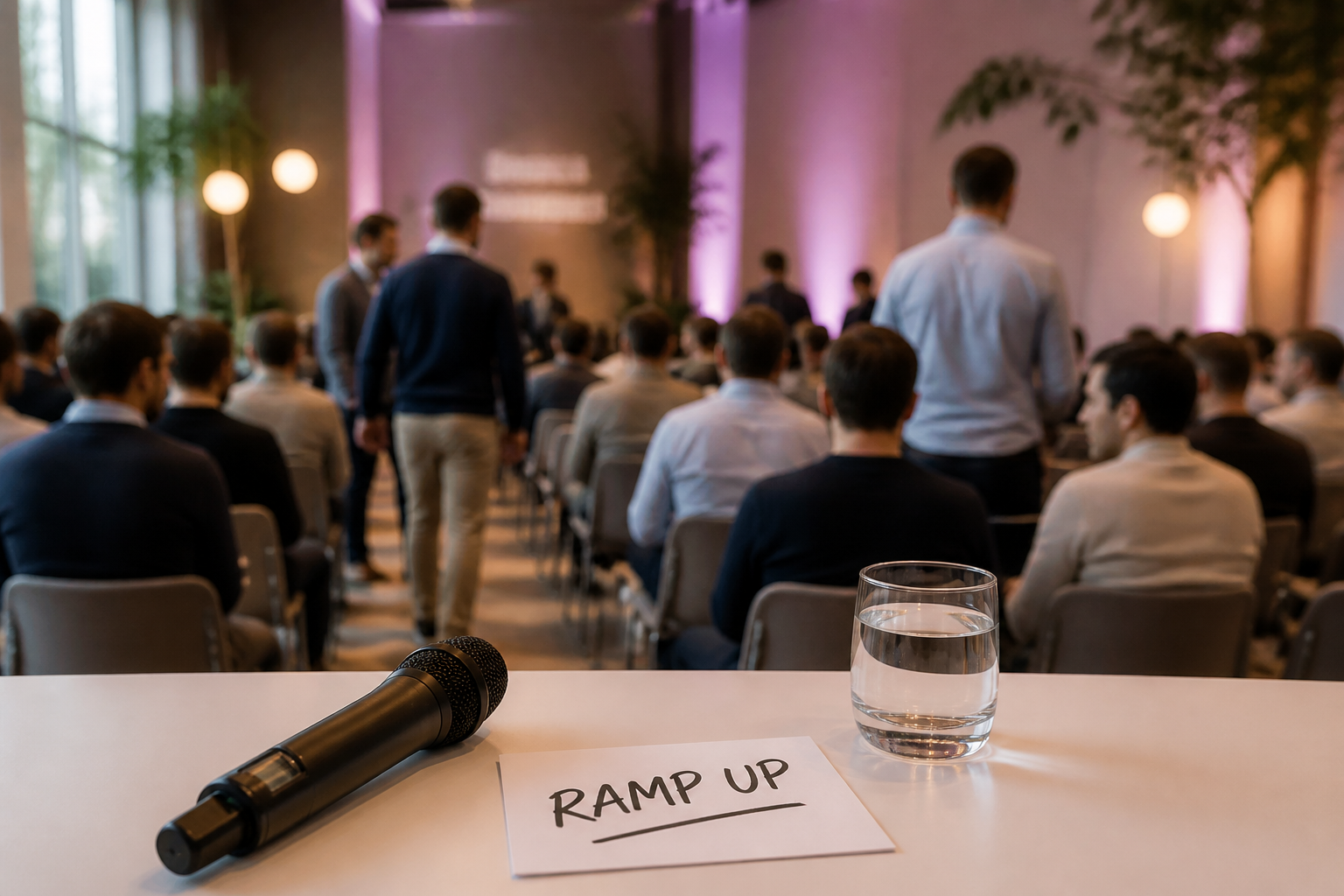 From the speaker's position on a small stage: a handwritten 'ramp up' note card and a professional handheld microphone on a white table, with the backs of a warm attentive audience visible in the bright dusty-pink room beyond