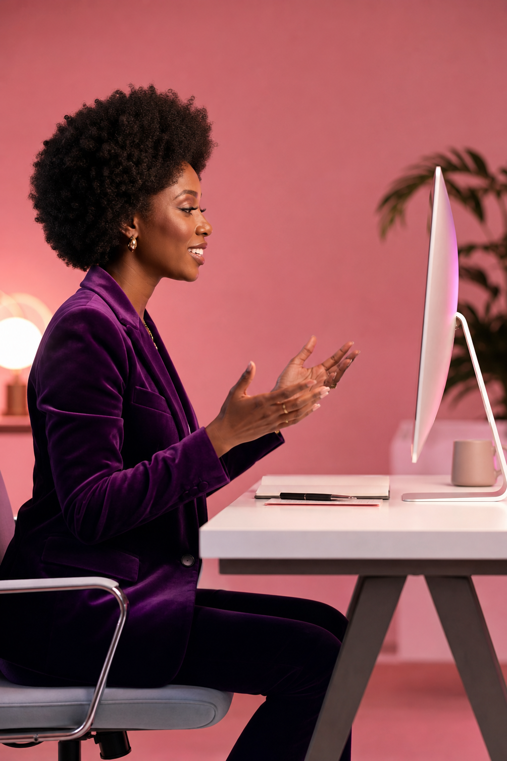 A B2B SaaS rep mid-conversation at a white desk — dark purple blazer, white Apple display, dusty pink studio backdrop, one hand raised in an active gesture, the other resting on the desk, talking through the call